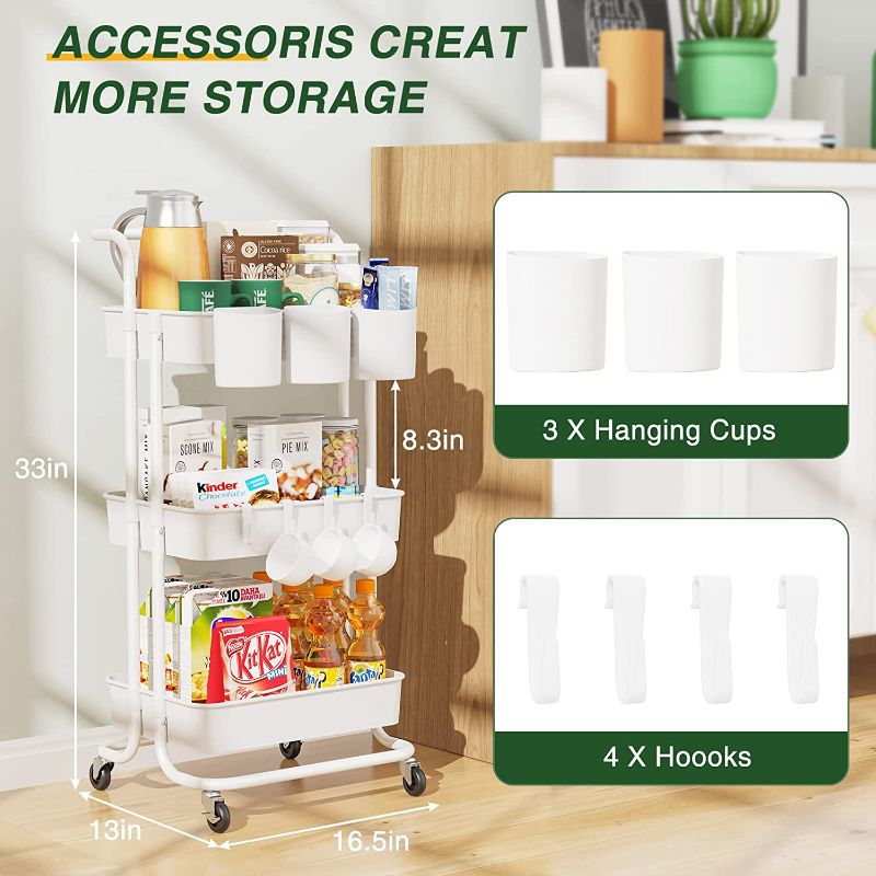 Photo 2 of LEHOM 3-Tier Rolling Utility Cart with Hanging Cups & Hooks & Handle, Multifunctional Art Cart Organizer Storage with Wheels, Easy Assembly for Office, Bedroom, Kitchen, Bathroom, Laundry (White)