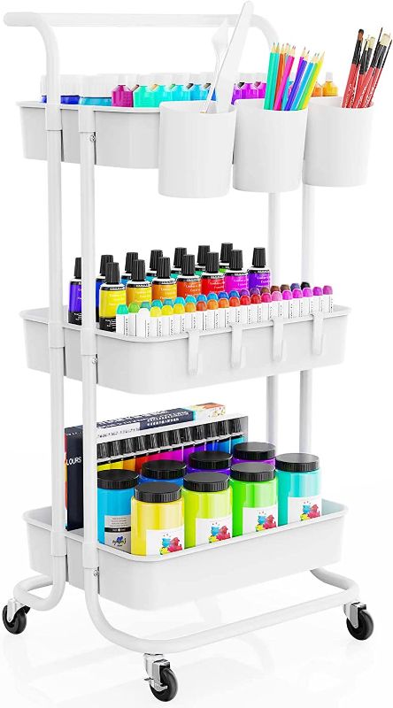 Photo 1 of LEHOM 3-Tier Rolling Utility Cart with Hanging Cups & Hooks & Handle, Multifunctional Art Cart Organizer Storage with Wheels, Easy Assembly for Office, Bedroom, Kitchen, Bathroom, Laundry (White)