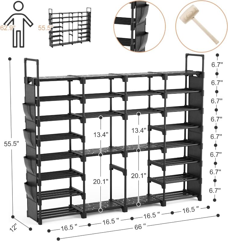 Photo 2 of VTRIN Large Shoe Rack Organizer tall metal shoe rack for Entryway Holds 62-66 Pairs 8 Tiers Space Saving Shoe Shelf Shoes Storage with Side hanging pockets for Living Room Entryway Garage Black