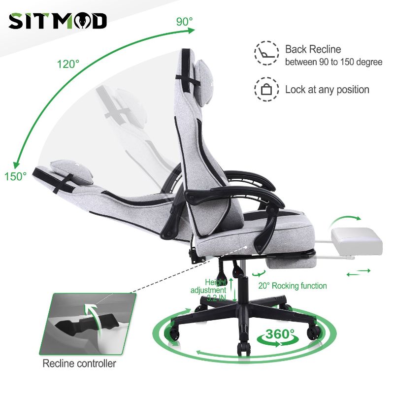 Photo 3 of SITMOD Gaming Chair with Footrest-PC Computer Ergonomic Video Game Chair-Backrest and Seat Height Adjustable Swivel Task Chair for Adults with Headrest and Lumbar Support(Grey)-Fabric
