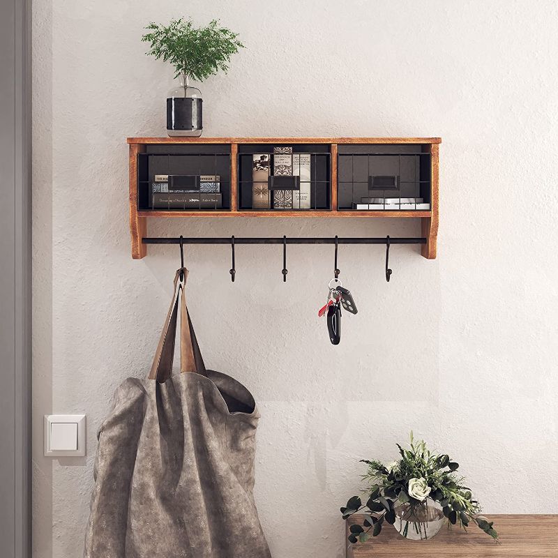 Photo 1 of HBCY Creations Wall Mounted Shelf with Coat Hooks and Baskets, Solid Wood Entryway Organizer Wall Shelf with Hooks - Hang Coats, Keys or Coffee Mugs, Rustic Brown 24" Wide