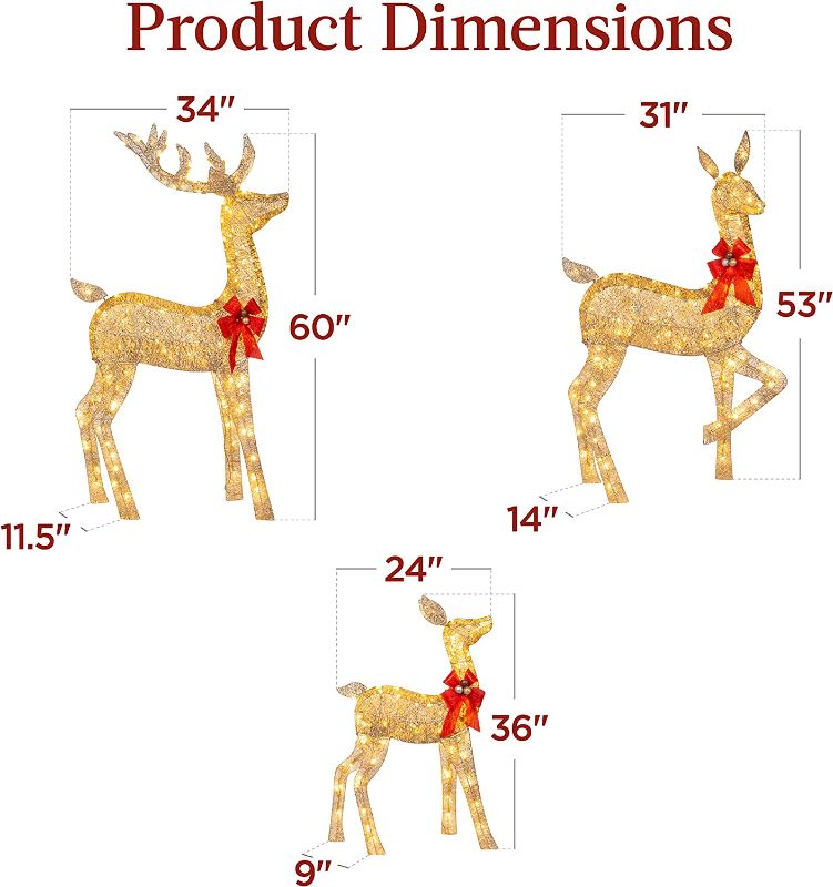 Photo 2 of Best Choice Products 3-Piece Large Lighted Christmas Deer Family Set 5Ft Outdoor Yard Decoration with 360 LED Lights, Stakes, Zip Ties - Gold