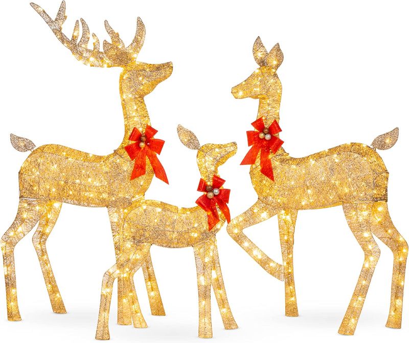 Photo 1 of Best Choice Products 3-Piece Large Lighted Christmas Deer Family Set 5Ft Outdoor Yard Decoration with 360 LED Lights, Stakes, Zip Ties - Gold