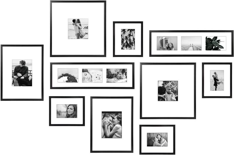 Photo 1 of ArtbyHannah 10 Pieces Black & White Large Gallery Wall Frame Set, with Wood Frames and Family Photo Prints Collage for 14 Pic Hanging and Living Room Decoration, Multi-Size
