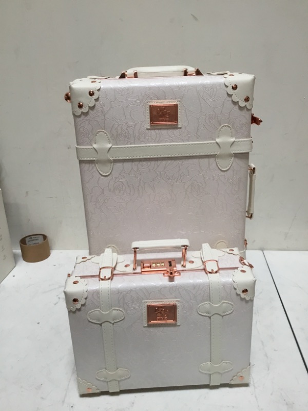 Photo 2 of urecity Vintage Luggage Set, Trunk Style Suitcase with Wheels, 2-Piece Hardside Luggage and Beauty Case Set Rose White 20"+12"