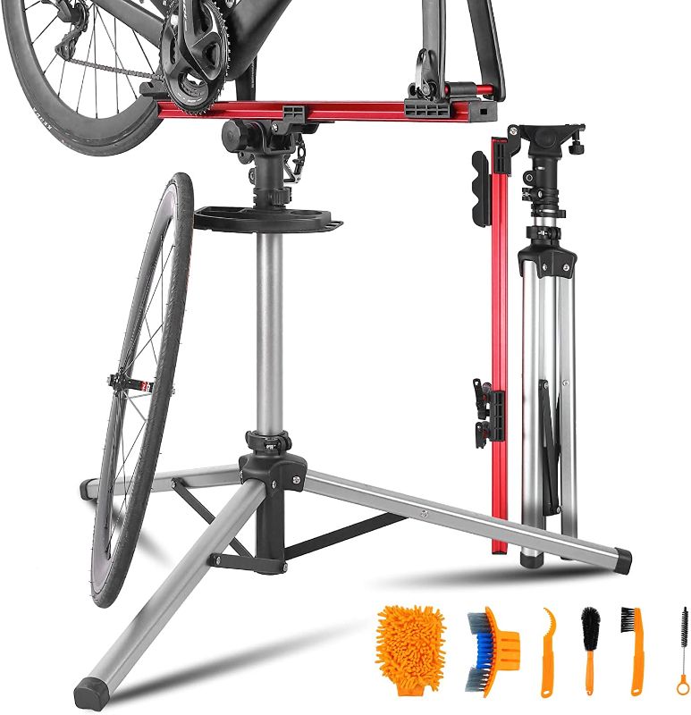 Photo 1 of CHIMONA Bike repair stand for maintenance, adjustable heavy duty bike work stand with quick release buckle, bicycle mechanics stand with bike clean tools, bike workstands for e-bike, mtb, road bike