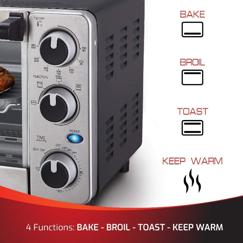 Photo 2 of Toaster Oven 4 Slice, Multi-function Stainless Steel Finish with Timer - Toast - Bake - Broil Settings, Natural Convection - 1100 Watts of Power, Includes Baking Pan and Rack by Mueller Austria
