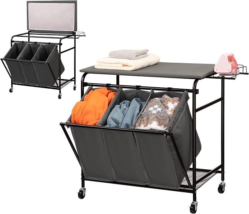 Photo 1 of ALIMORDEN Laundry Sorter Cart with Iron Rack and Ironing Board Heavy Duty Side pull 3 Bags Classic Rolling Laundry Hamper Sorter 4 Wheels Dark Grey