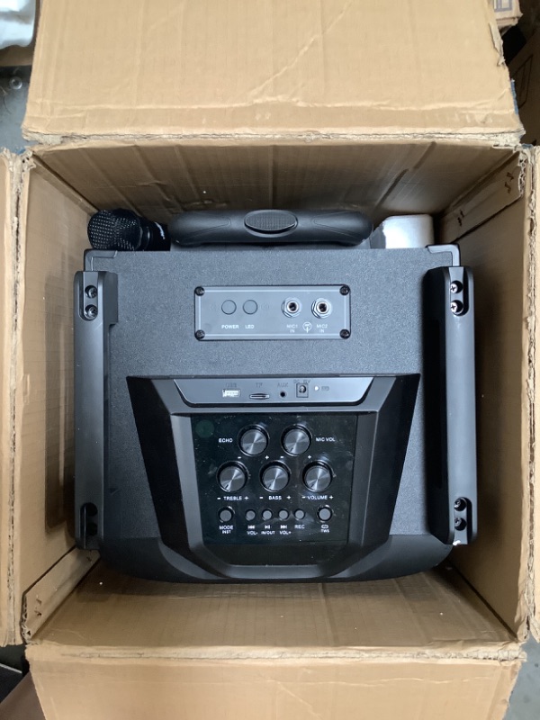 Photo 2 of Moukey Karaoke Machine, PA System Subwoofer, Portable Bluetooth Speaker w/ 2 Wireless Microphones, Lyrics Display Holder, Party Lights & Echo/Treble/Bass Adjustment, Support TWS/REC/AUX/MP3/USB/TF/FM 10" Subwoofer