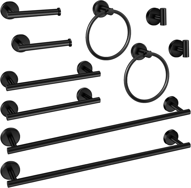 Photo 1 of 10 Piece Matte Black Bathroom Hardware Set -Include23.6&12inch Bathroom Towel bar, Towel Ring, Toilet Paper Holder, Towel Hook, 2 Pack 5 Piece Bathroom Accessories Set Stainless Steel Wall Mounted