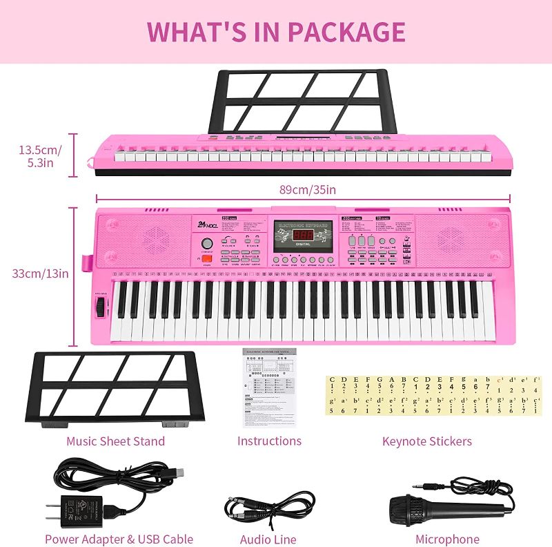 Photo 2 of 24HOCL 61 Key Premium Electric Keyboard Piano for Beginners with Stand, Built-in Dual Speakers, Microphone, Headphone, Stand & Display Panel (Pink)