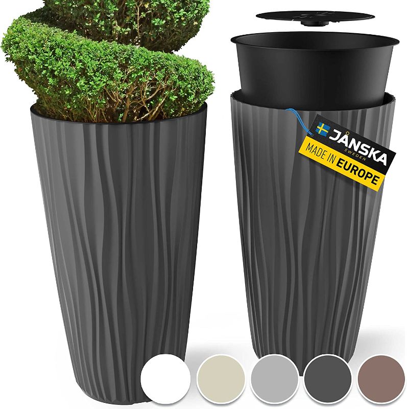 Photo 1 of Janska by Mueller M-Resin Heavy Duty Tall Planter, Indoor/Outdoor Grande Plant, Tree, Flower Pot, 2-Piece Set, 24”, Modern Design, Built-in Drainage, Dark Grey