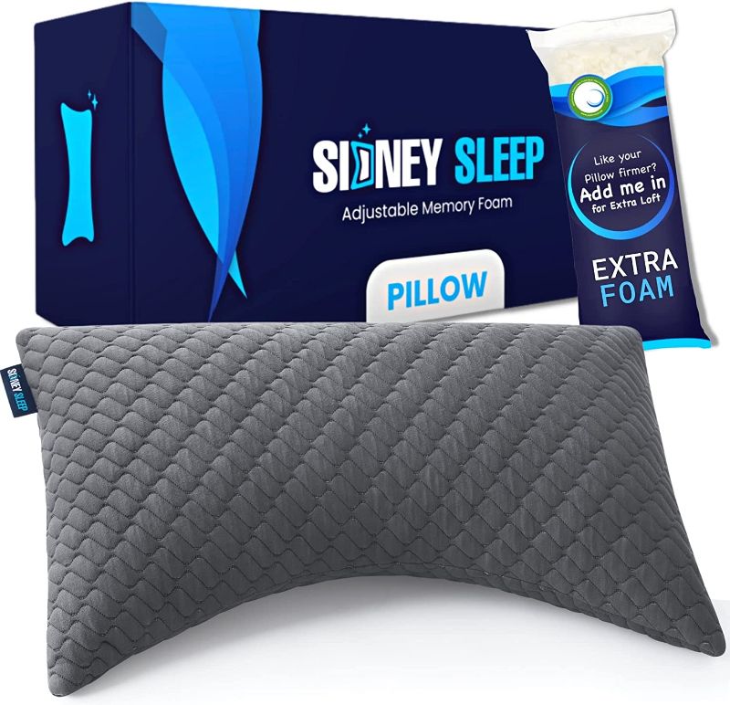 Photo 1 of Sidney Sleep Side and Back Sleeper Pillow for Neck and Shoulder Pain Relief - Memory Foam Bed Pillow for Sleeping - 100% Adjustable Fill - Queen Size Washable Case (Queen, Grey)
