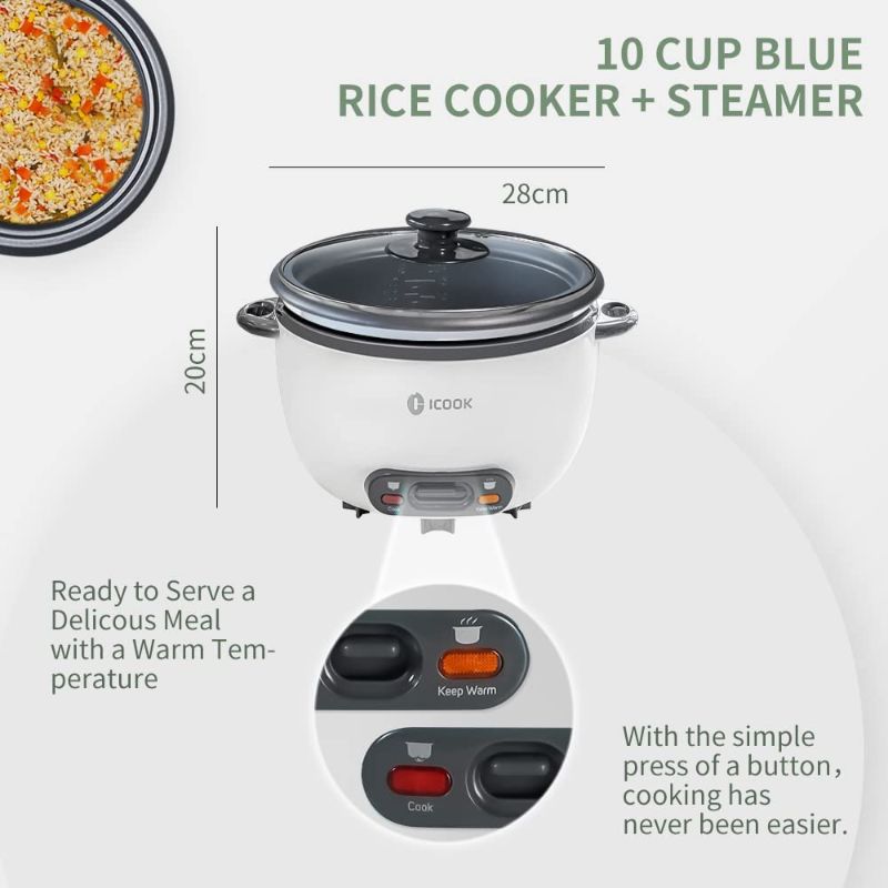 Photo 2 of ICOOK 10-Cup Uncooked 20-Cup Cooked Rice Cooker1.8L Grains, Oatmeal, Cereals Cooker, Large Rice Cooker Removable Nonstick Pot, Full View Glass Lid, White