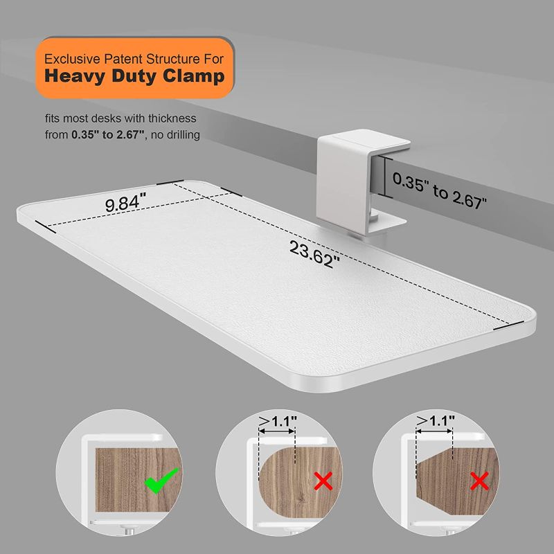 Photo 2 of Rotating Keyboard Tray Under Desk - Klearlook PU Leather Keyboard Drawer Adjustable C Clamp, Ergonomic Keyboard Platform Extender, No Drilling, Easy Install Keyboard Stand,23.62"x 9.84"Inch-White