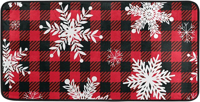 Photo 1 of Snowflakes on Red Buffalo Plaid Kitchen Mat Cushioned Anti Fatigue Floor Mat, Kitchen Rugs and Mats, Standing Mat Washable, 39"x20"