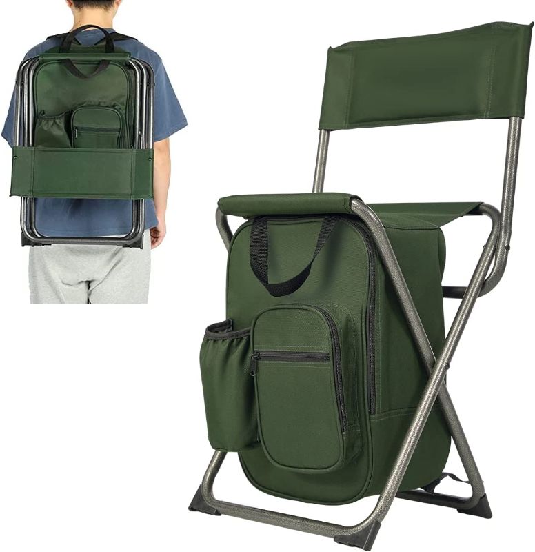 Photo 1 of PORTAL Lightweight Backrest Stool Compact Folding Chair Seat with Cooler Bag for Fishing, Camping, Hiking, Supports 225 lbs