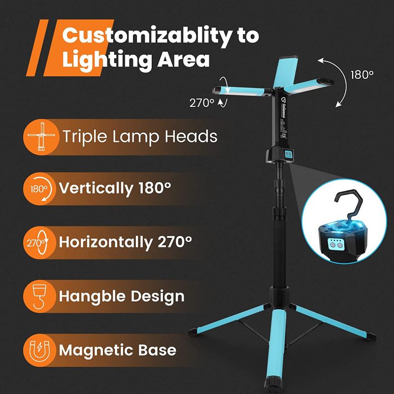 Photo 2 of gogonova Rechargeable Work Light with Stand, Cordless Work Light with Triple LED Lamps, 8AH Battery, 700/1200/2200 Lumen, 4000/6500K Dimmable Led Work Light Kit with Detachable Tripod