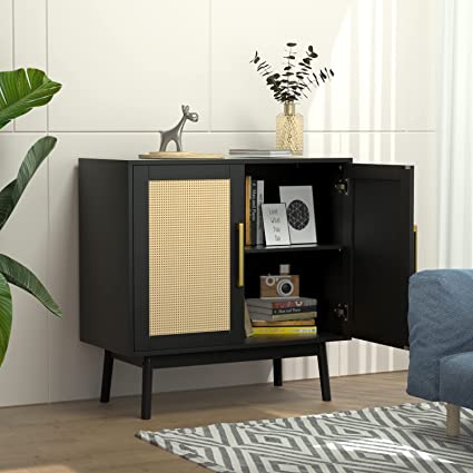 Photo 1 of JOZZBY Rattan Sideboard Buffet Cabinet, Black Cabinet with Rattan Doors and Adjustable Shelves, Accent Cabinet for Dining Room, Hallway