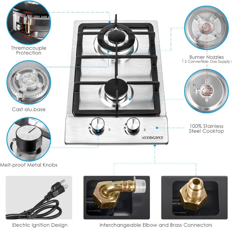 Photo 2 of Gas Stove Gas Cooktop 2 Burners,12 Inches Portable Stainless Steel Built-in Gas Hob LPG/NG Dual Fuel Easy to Clean for RVs, Apartments, Outdoor