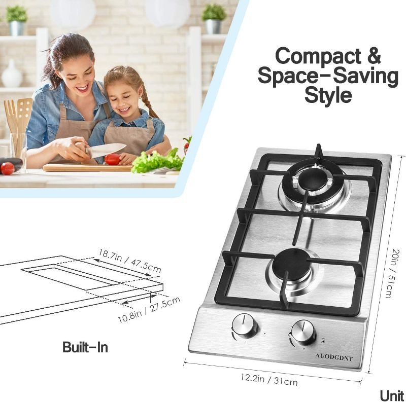 Photo 3 of Gas Stove Gas Cooktop 2 Burners,12 Inches Portable Stainless Steel Built-in Gas Hob LPG/NG Dual Fuel Easy to Clean for RVs, Apartments, Outdoor