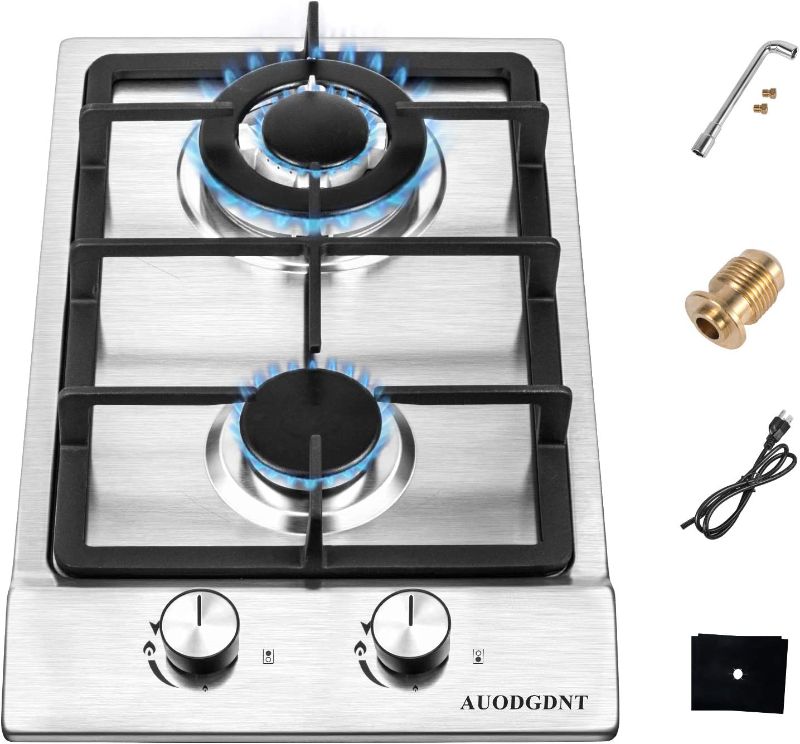 Photo 1 of Gas Stove Gas Cooktop 2 Burners,12 Inches Portable Stainless Steel Built-in Gas Hob LPG/NG Dual Fuel Easy to Clean for RVs, Apartments, Outdoor