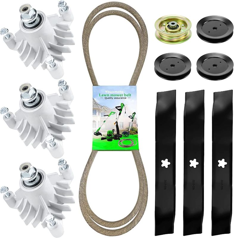 Photo 1 of 46” Deck Rebuild Kit Spindles 143651 532143651,Blades 159705 170698, Idler 131494 173438, Drive Belt 144959
