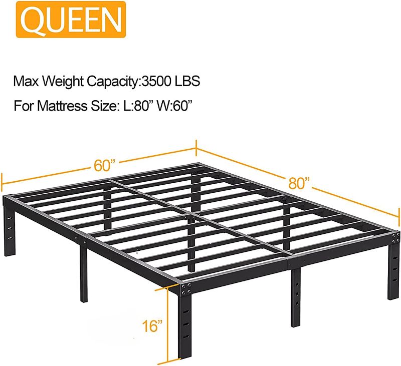 Photo 2 of COMASACH Queen Size Bed Frame 16 Inches High, Heavy Duty Steel Slats with 3500 Pounds Support for Mattress, No Box Spring Needed, Noise-Free, Easy Assembly