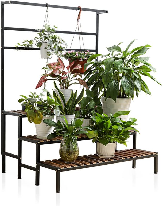 Photo 1 of NANKINGFANGAO 3 Tier Hanging Plant Stand Ladder Plant Shelf, Tall Plant Stand Outdoor Indoor Steel-Wood Plant Shelves Metal Frame, Suitable for Terrace Garden Corner Balcony, Living Room Storage 