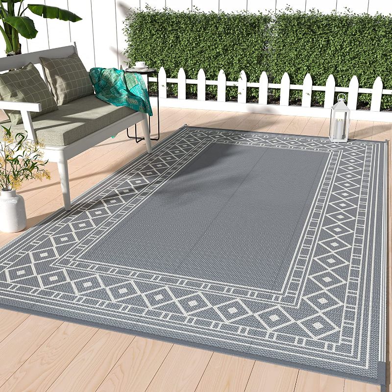 Photo 1 of  Outdoor Rug 5' x 8' Waterproof for Patios Clearance, Reversible Outdoor Plastic Straw Area Rug Outside Carpet, Large Camping Rug Mats for RV, Backyard, Deck, Balcony, Porch, Picnic, Grey & White