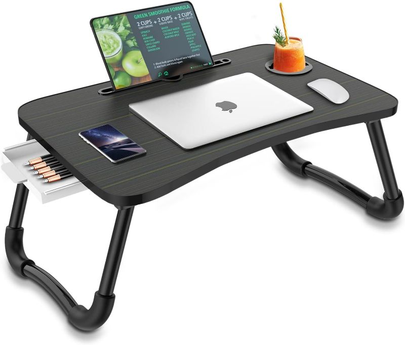 Photo 1 of Zapuno Foldable Laptop Bed Table Multi-Function Lap Bed Tray Table with Storage Drawer and Water Bottle Holder, Serving Tray Dining Table with Slot for Eating, Working on Bed/Couch/Sofa (Arc Shape)