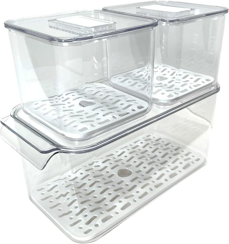 Photo 1 of 3 Pcs Plastic Refrigerator Food Storage Containers - Clear Organizer Bins W/Removable Drain Tray, Stackable Vented Lids, Fruit & Vegetables
