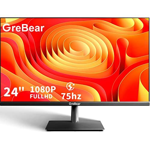 Photo 1 of GreBear Computer Monitors 24 Inch FHD 1080p PC Monitors 75hz Built in Speaker,5ms(GTG) 99% sRGB Low Blue Light Anti-Glare VA Screen LCD 24" Desktop Display w/HDMI/VGA/Audio/Freesync Tilt Adjustable