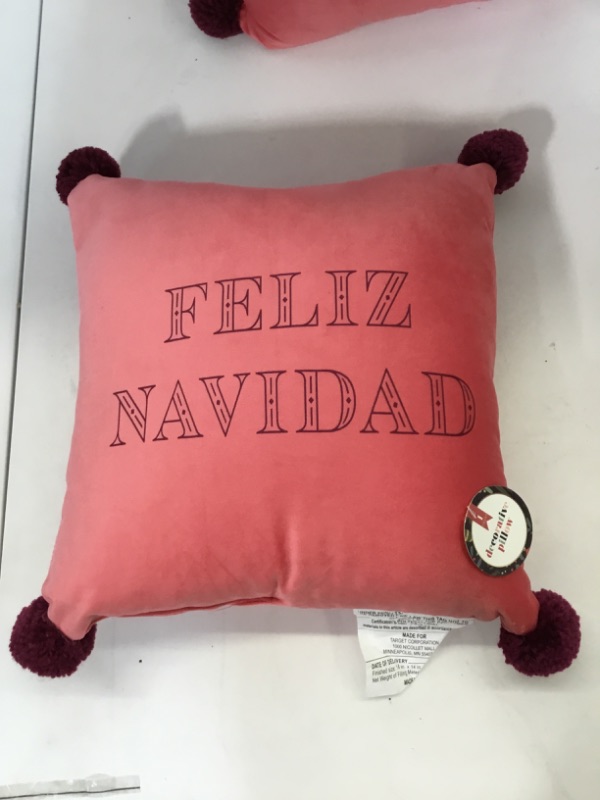 Photo 3 of Pink Velvet "Feliz Navidad" Decorative Pillow 14inx14in, 2-pack 