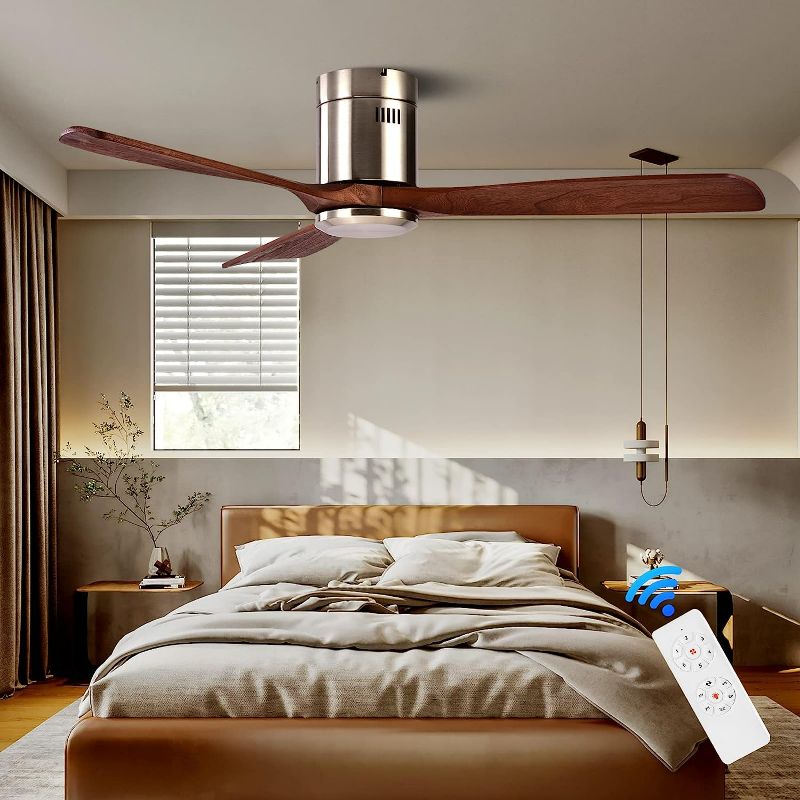 Photo 1 of 52" Noiseless Wood Ceiling Fan with Remote, 6 Speeds Low Profile Ceiling fan without Light, Moisture-proof Wood Flush Mount Ceiling Fan for Outdoor