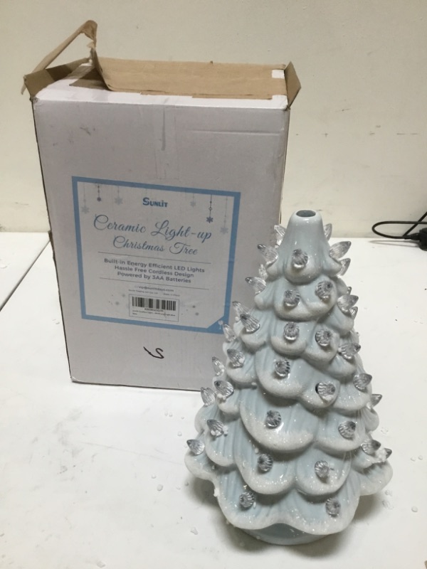 Photo 2 of Sunlit Cordless Lighted Glitter Ceramic Christmas Tree Vintage Tabletop Christmas Decoration Pre-Lit Colorful Mini Light Bulbs 13'' Traditional AA Battery Operated LED - White and Light Blue