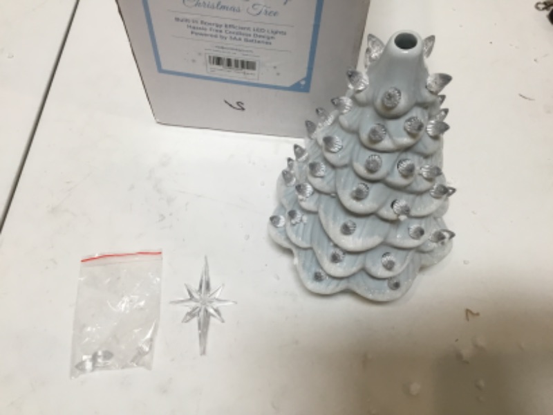 Photo 3 of Sunlit Cordless Lighted Glitter Ceramic Christmas Tree Vintage Tabletop Christmas Decoration Pre-Lit Colorful Mini Light Bulbs 13'' Traditional AA Battery Operated LED - White and Light Blue
