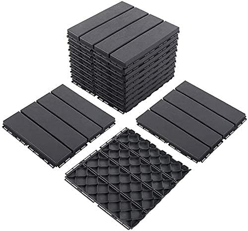 Photo 1 of Domi Outdoor Living Patio Deck Tiles, 12 x 12 inches Composite Interlocking Decking Tile, Four Slat Plastic Outdoor Flooring, 27 Pieces One Pack, Dark Grey