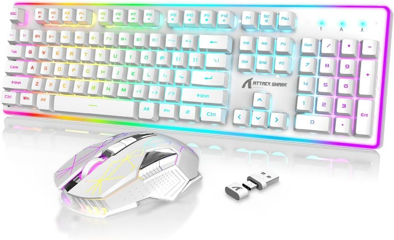 Photo 1 of 2.4G Wireless Gaming Keyboard and Mouse,Type C/USB Dual Receiver,RGB LED Backlit,Rechargeable 4200mAh,Full Size Mechanical Feel,Silent Mice,Mouse Pad for PC,Laptop,Smartphone,PS4,PS5,Xbox(White)