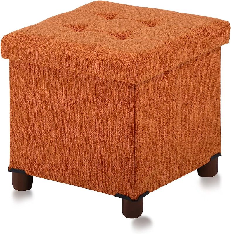 Photo 1 of 15 Inches Storage Ottoman with Wooden Legs Cube Foot Rest Stool, Square Footstool Storage, Ottoman with Storage for Living Room, Foldable Fabric Ottoman, Comfortable Seat with Lid, Space-Saving Orange