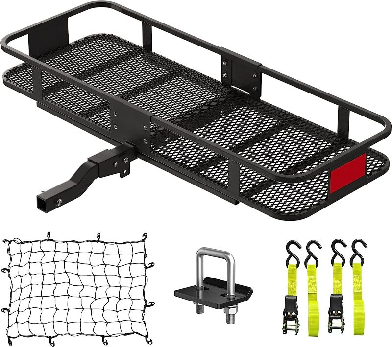 Photo 1 of KAIRAY Heavy Duty Folding Hitch Mount Cargo Carrier Load Capacity 500 Lbs 60" X 20" X 6" Trailer Hitch Fold up Luggage Basket with Hitch Stablizer Net Ratchet Straps for SUV Pickup Camping Traveling