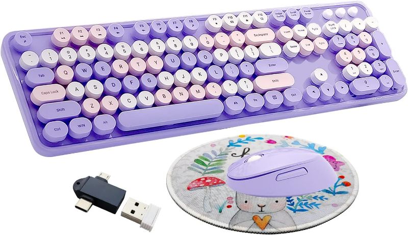 Photo 1 of Seaciyan Wireless Keyboard and Mouse Combo, Ergonomic Cute Retro Typewriter Full Size Colorful USB Cordless Keyboard Mouse Set for Gaming and Office (Purple)
