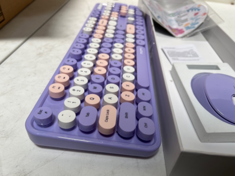 Photo 1 of Seaciyan Wireless Keyboard and Mouse Combo, Ergonomic Cute Retro Typewriter Full Size Colorful USB Cordless Keyboard Mouse Set for Gaming and Office (Purple)