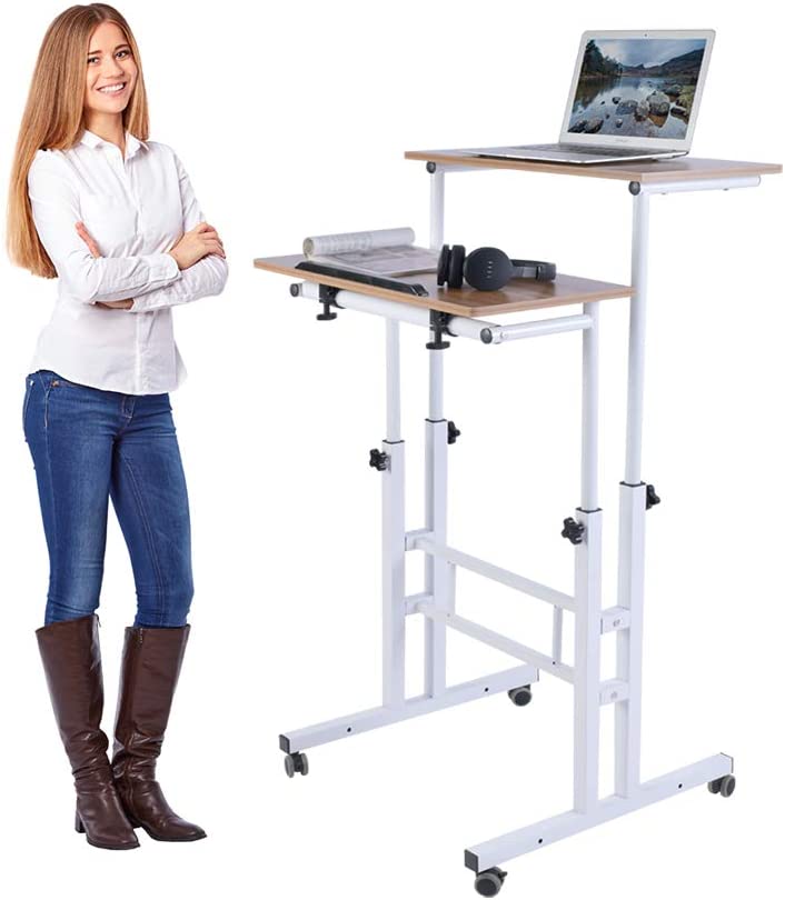 Photo 1 of AIZ Mobile Standing Desk, Adjustable Computer Desk Rolling Laptop Cart on Wheels Home Office Computer Workstation, Portable Laptop Stand for Small Spaces Tall Table for Standing or Sitting, Oak