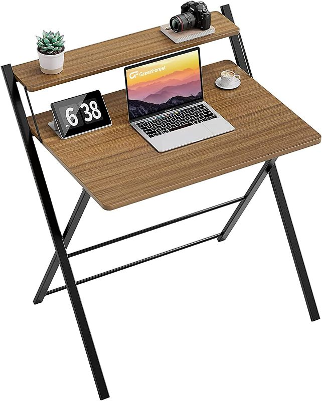 Photo 1 of GreenForest Folding Desk No Assembly Required, Computer Desk with 2-Tier Shelf Foldable Table for Small Spaces Fully Unfold 32 x 24.5 inch, Espresso