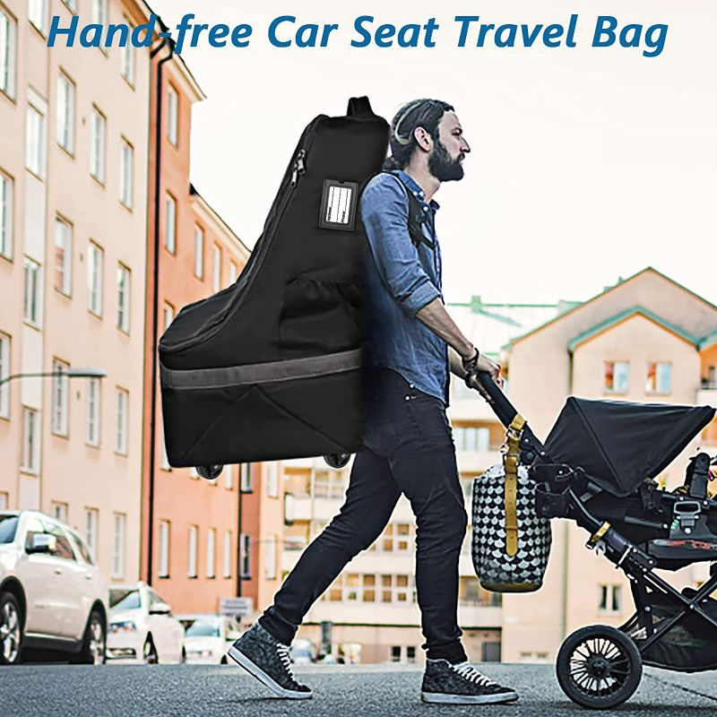 Photo 1 of Car Seat Travel Bag with Wheels, Padded Car Seats Backpack, Large Durable Carseat Travel Bag for Airplane, Airport Gate Check Bag, Carseat Cover Bag with Padded Shoulder Strap, Gift for New Parents