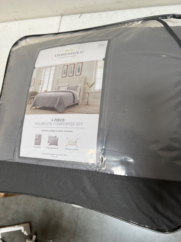 Photo 2 of Full/Queen Reversible Holbrook Relaxed Washed Comforter &#38; Sham Set with Decorative Throw Pillow Dark Gray - Threshold&#8482;