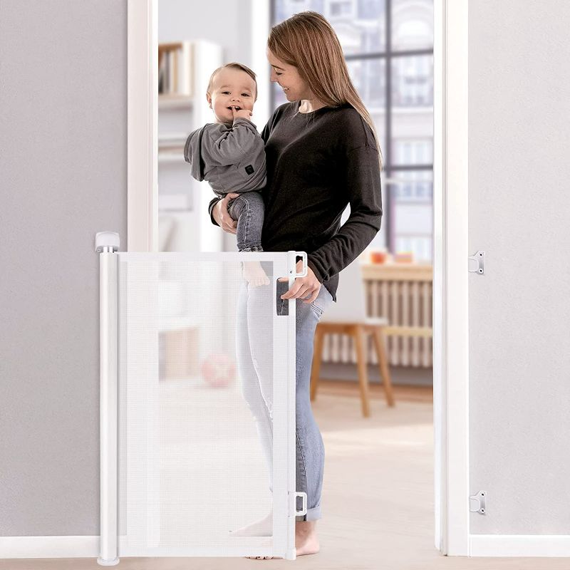 Photo 1 of Retractable Baby Gate, Baby Gate for Stairs, Retractable Dog Gate, Baby Gate with Door 33" Tall, Extends to 55" Wide, Mesh Safety Pet Gate for Staircases, Indoors, Outdoors and Hallways, White