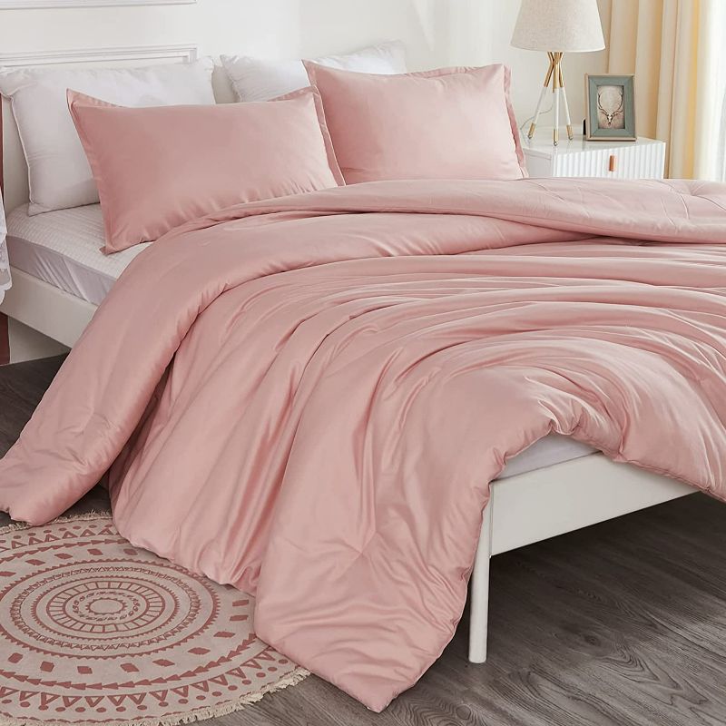 Photo 1 of Litanika Pink Queen Size Comforter Set, 3 Pieces Blush Girls Women Plain Bedding Set & Collections, All Season Bed Set (90x90In Comforter & 2 Pillowcases)