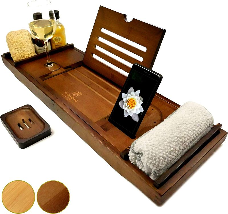 Photo 1 of Blooming Lily Bathtub Tray - Sturdily Designed Bath Caddy with Wine Glass Holder, Wooden Bamboo Rest Ipad Stand and More Suitable for Most Baths